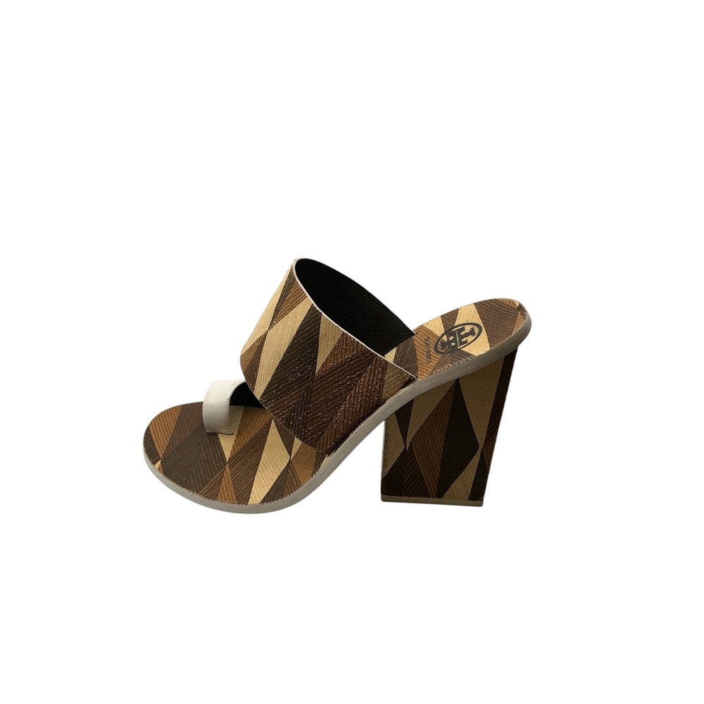 Tory Burch Geometric Marquetry Block Heel Sandals Brown White Leather 7.5M - Picture 4 of 10